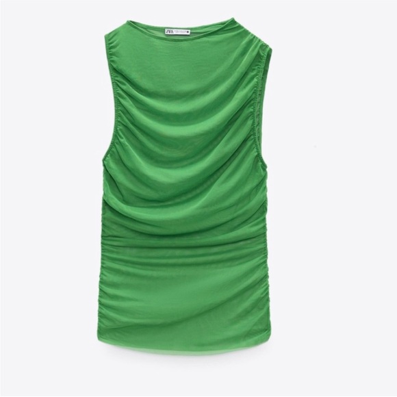 Zara NWT mesh Green tulle sleeveless ruched sheer top - Picture 5 of 7